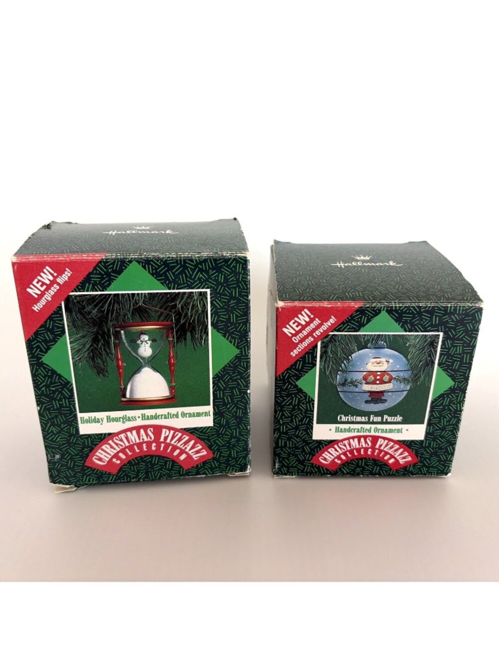 1987 Hallmark Christmas Pizzazz Ornament Lot Fun Puzzle & Holiday Hourglass VTG